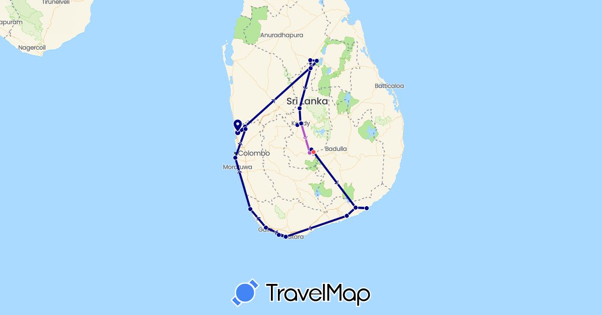 TravelMap itinerary: driving, train, hiking in Sri Lanka (Asia)